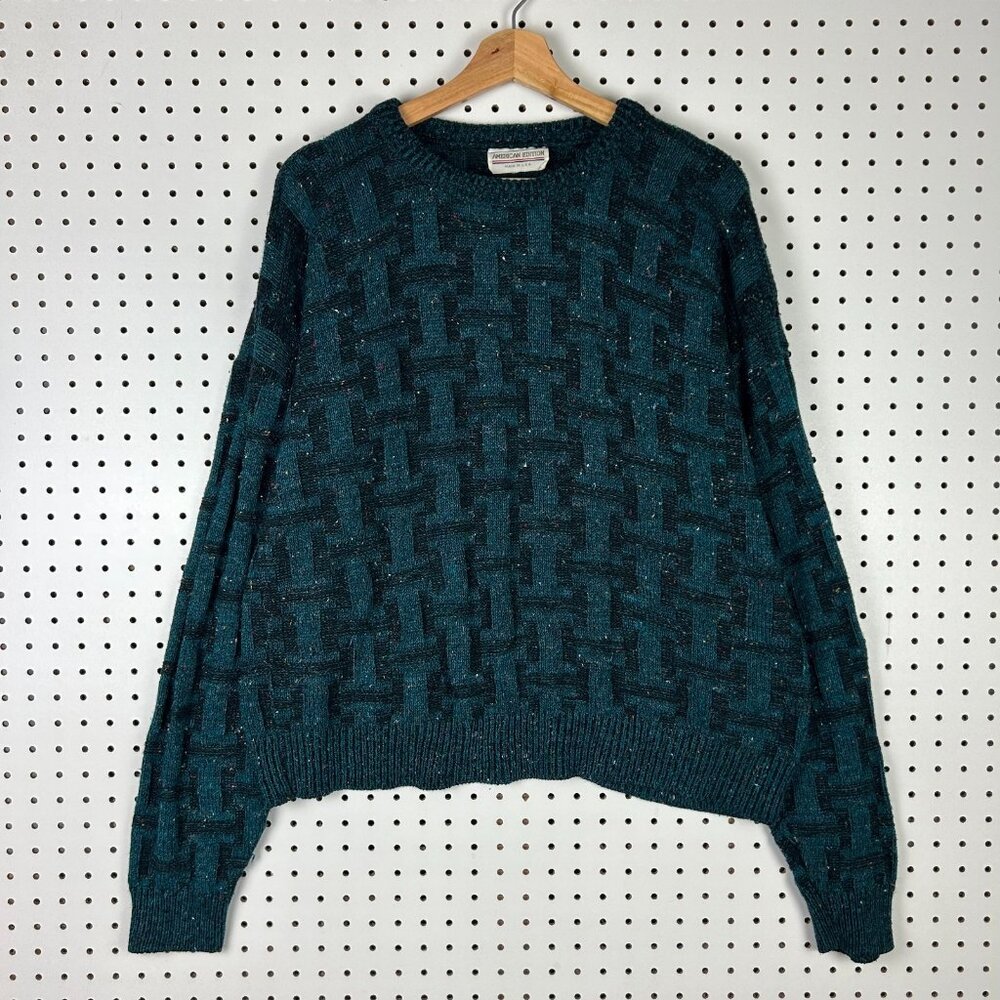 American Edition USA 90s Sweater Women's Large Chunky Knit Boxy Green Blue Multi